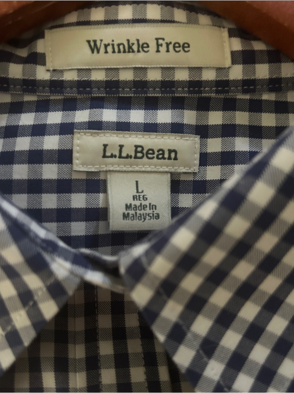 L.L. Bean Women’s 100% Cotton Wrinkle Free Navy White Gingham Shirt Large - Picture 3 of 5